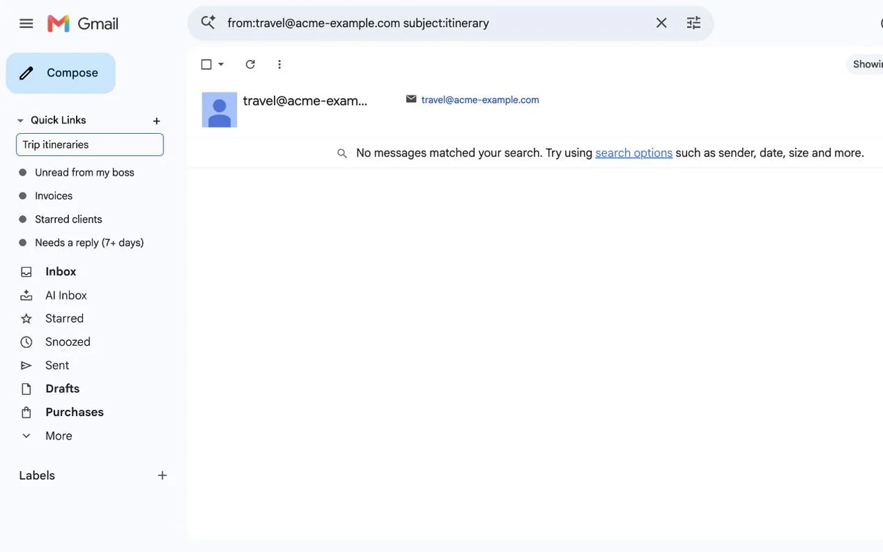 Pressing + in the Quick Links section and typing the name Trip itineraries for the current search.