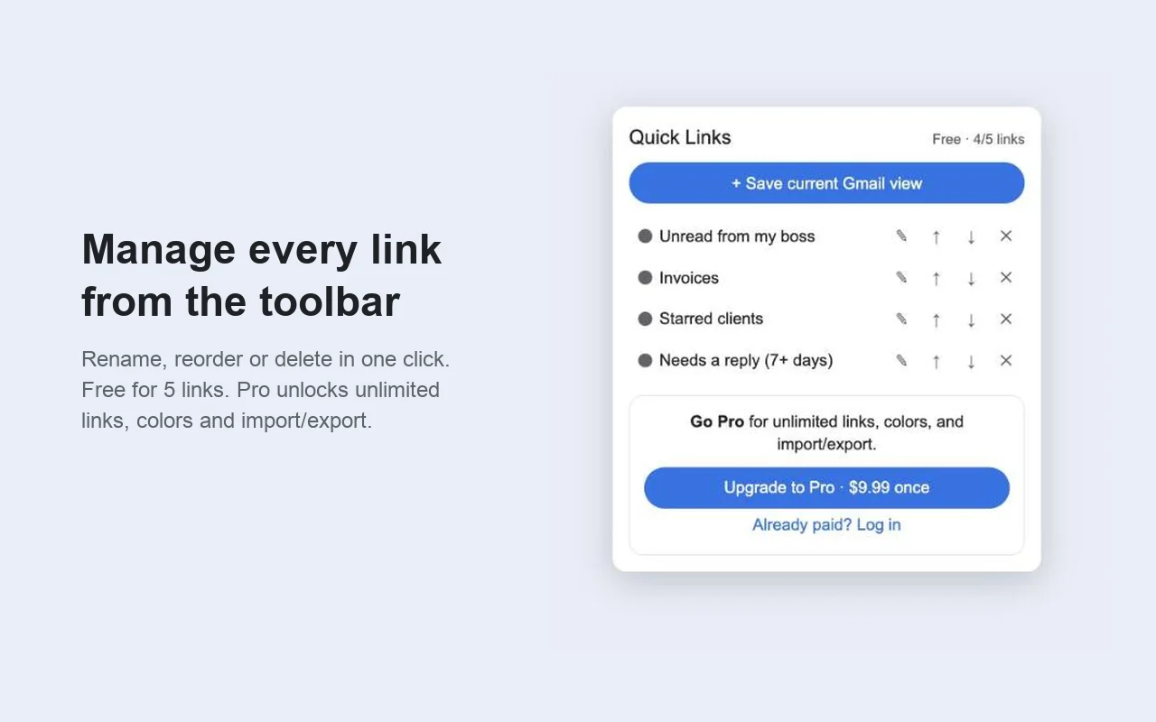 The toolbar popup listing four quick links with rename, move and delete buttons, and an upgrade to Pro offer.