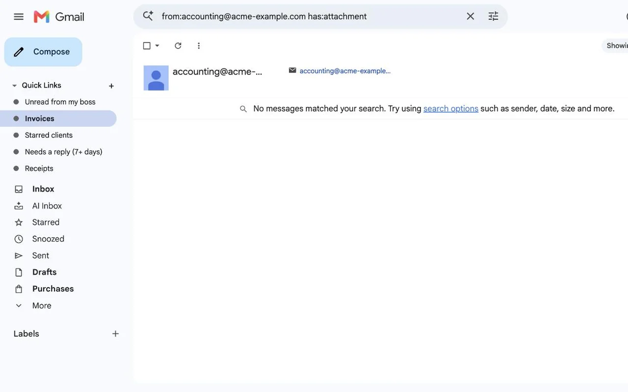 Gmail with a Quick Links section above Inbox, holding five saved searches. The Invoices link is highlighted.